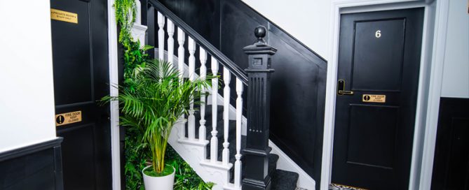Stijlvolle zwart-witte trap van aparthotel met plant in pot, Apart Hotel Rugby, perfect voor lang verblijf.