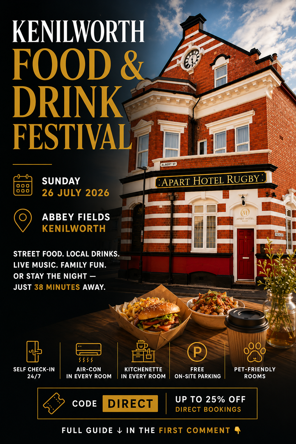 Kenilworth Food & Drink Festival poster with Apart Hotel Rugby building, event details, and accommodation features.